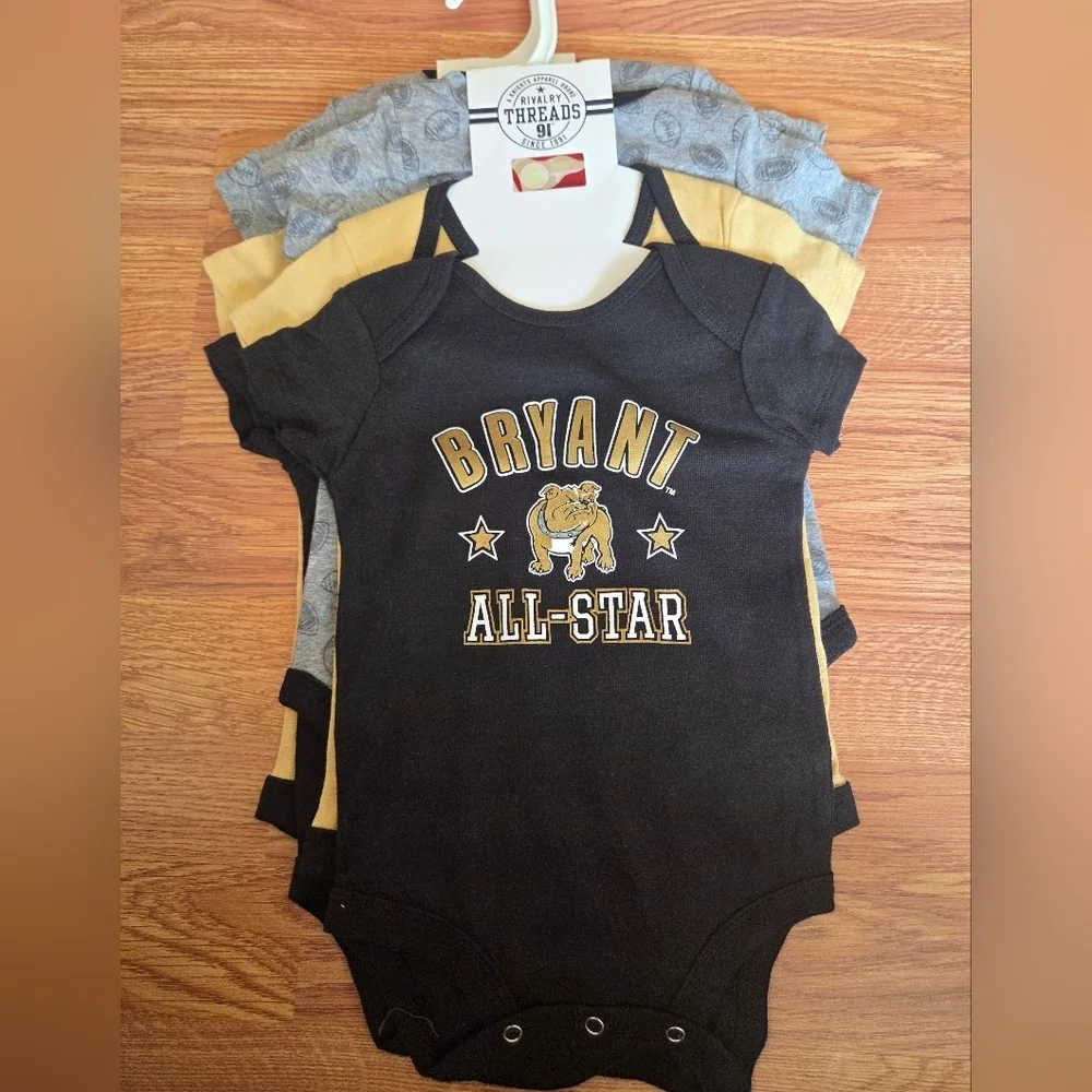 NCAA Bryant University Baby 0-3M, 6-9M Bodysuits 3pc 100% Cotton Bryant Bulldogs